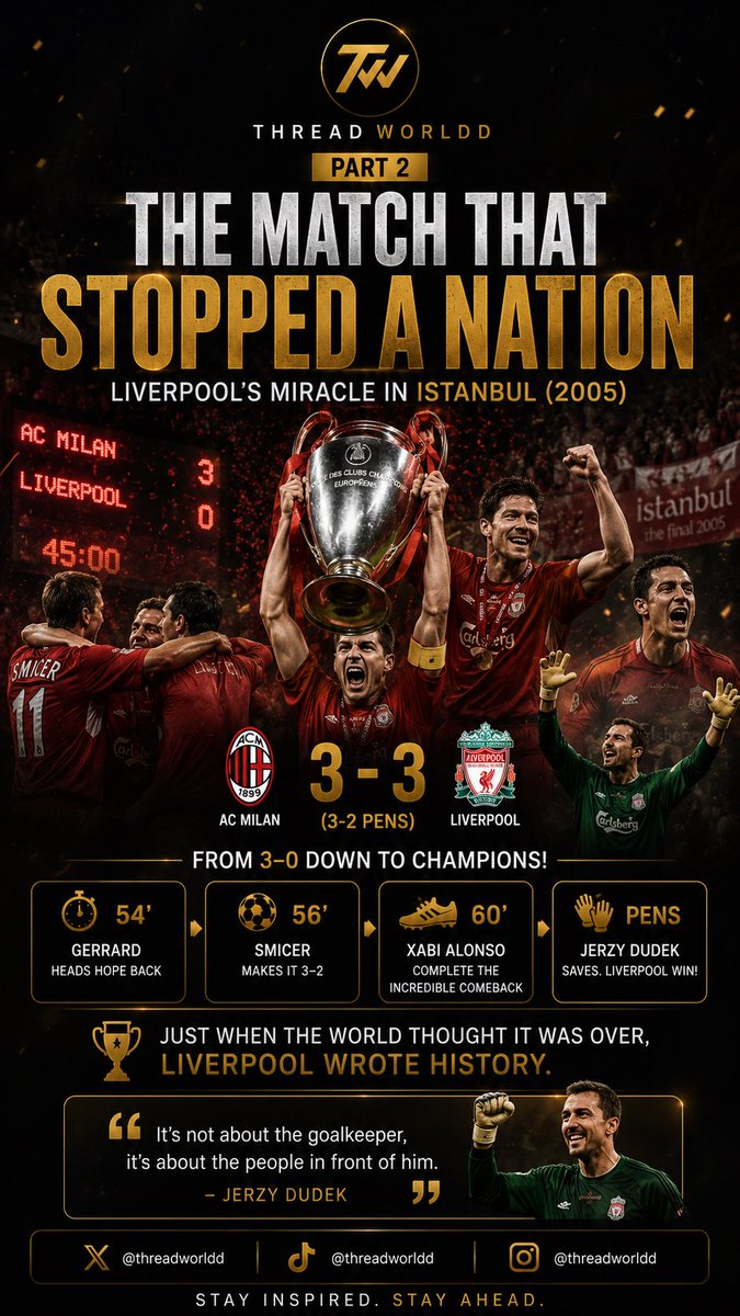 threadworldd's tweet photo. ⚽ THE MATCH THAT STOPPED A NATION — Part 2

Down 3–0

Back to 3–3 in six minutes

Then Jerzy Dudek became the hero

The Miracle of Istanbul remains one of football’s greatest comebacks

Great teams win. Legends inspire

Follow @threadworldd

#Liverpool #ChampionsLeague #Football https://t.co/ygMjPKVA39