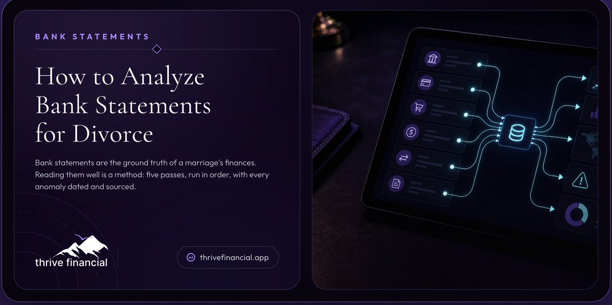 DivorceThrive's tweet photo. Bank statements are the ground truth of a marriage's finances. 📉 Discover the 5-step method to analyze records, spot red flags, and uncover hidden assets during a divorce. Don't walk into negotiations blind. 🔍

https://t.co/9k6GzlYKqV

#Divorce #HiddenAssets #FamilyLaw #parse https://t.co/Jw1ePbVl3U