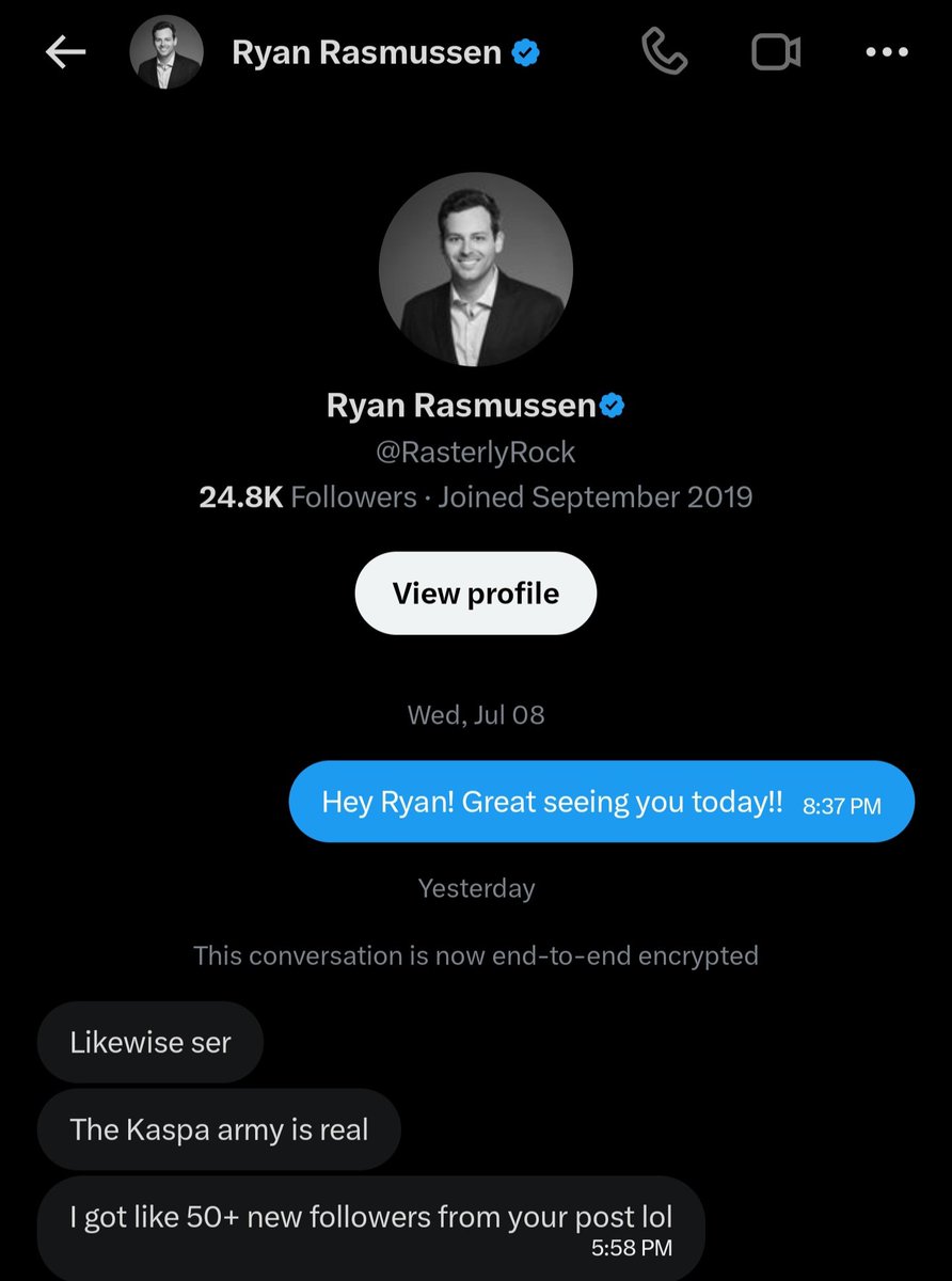 realvijayk's tweet photo. Let's show @RasterlyRock, @Bitwise's Head of Research, just how strong the #Kaspa community really is!

Give him a follow!

(Screenshot posted with permission) https://t.co/GZXfQn1xsr