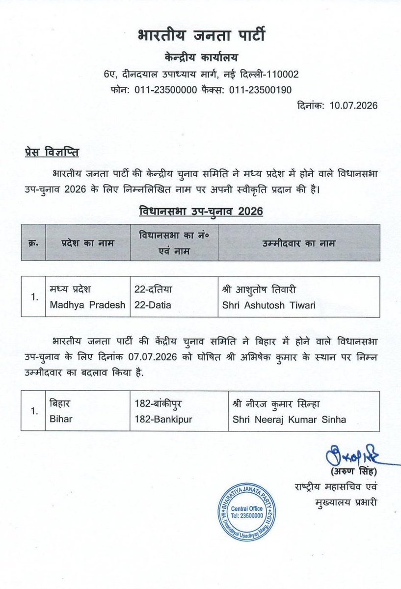 BanBihari12's tweet photo. अभिषेक सिंह उर्फ बंटी के स्थान पर भाजपा ने बांकीपुर विधानसभ�� उपचुनाव के लिए घोषित किया दूसरे प्रत्याशी का नाम.. नरेन्द्र भारती मंडल के नीरज कुमार सिन्हा होंगे भाजपा के बाक़ीपुर से उम्मीदवार   . https://t.co/WskJOmsafl