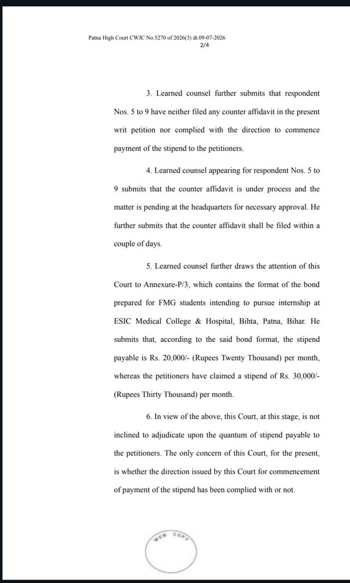 Dr_Shashank_kr's tweet photo. Not a favour. Not a request. A rightful due. ⚖️
After months of waiting, struggle and unanswered pleas, the Hon’ble Patna High Court has directed ESIC authorities to begin payment of the admitted stipend within 10 days of FMG interns at ESIC, Bihta ,Patna. https://t.co/bNnwoDgTKU