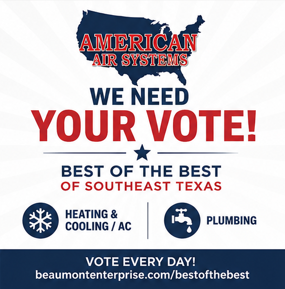 AmericanAirSys's tweet photo. If we’ve earned your trust, we’d be honored to earn your vote in the Beaumont Enterprise Best of the Best awards. Vote daily at https://t.co/9r5NzgWP9G

#AmericanAirSystems #BestOfTheBestSETX https://t.co/z9XPJw3U5h