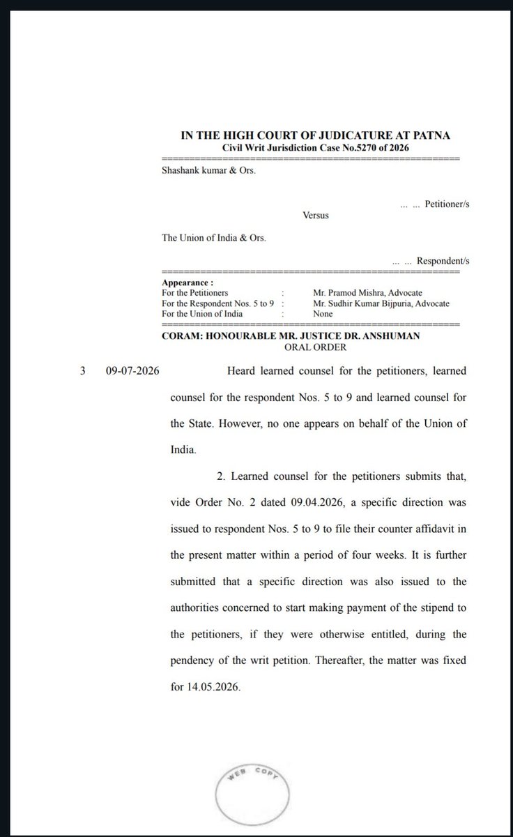 Dr_Shashank_kr's tweet photo. Not a favour. Not a request. A rightful due. ⚖️
After months of waiting, struggle and unanswered pleas, the Hon’ble Patna High Court has directed ESIC authorities to begin payment of the admitted stipend within 10 days of FMG interns at ESIC, Bihta ,Patna. https://t.co/bNnwoDgTKU