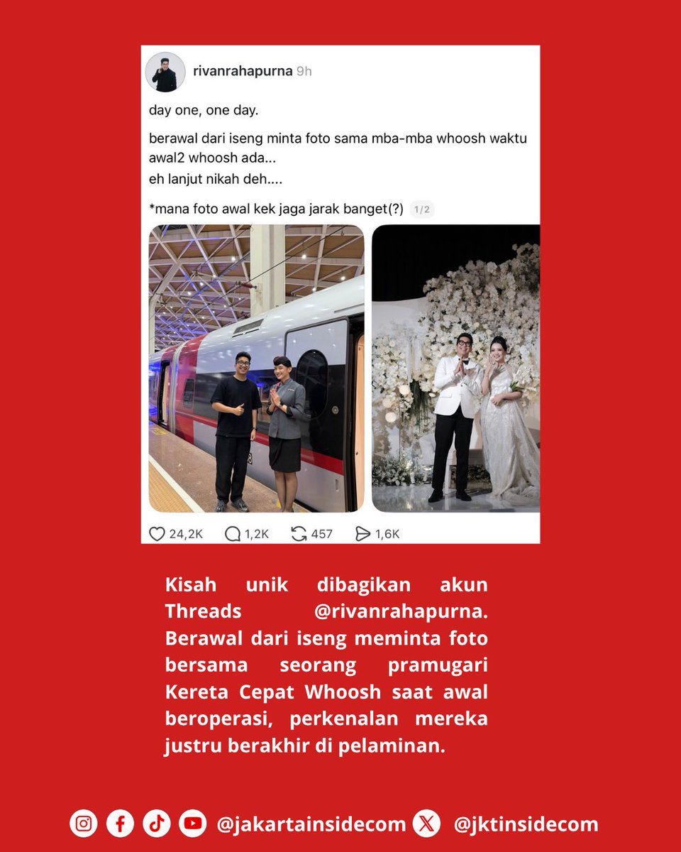 jktinsidecom's tweet photo. Kisah unik dibagikan akun Threads @rivanrahapurna. Berawal dari iseng meminta foto bersama seorang pramugari Kereta Cepat Whoosh saat awal beroperasi, perkenalan mereka justru berakhir di pelaminan. 

Kisah romantis itu bahkan mendapat komentar langsung dari akun resmi @keretacepat_id yang ikut mengucapkan selamat atas pernikahan mereka. Kini sang istri juga kerap membantu pekerjaan suaminya sebagai fotografer saat mendapat panggilan klien mendadak.

#Whoosh #railways #love #Cinta #Viral