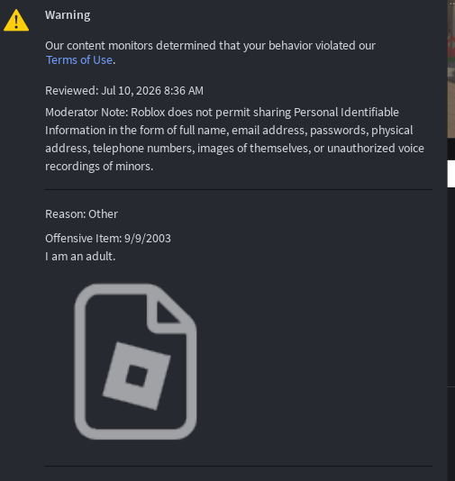 bistratus's tweet photo. roblox strikes again with the "random shit you had for multiple years but NOW its a problem" https://t.co/0KPFmsBS4k