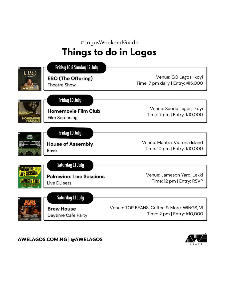 AweLagos's tweet photo. Looking for things to do in Lagos this weekend (10–12 July 2026)? ✨

From Afro House day parties and film screenings to theatre productions, art exhibitions, raves and live music, here are some of the best events happening across Lagos this weekend.

#LagosWeekendGuide https://t.co/onNCCvIi3T