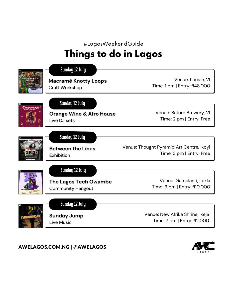 AweLagos's tweet photo. Looking for things to do in Lagos this weekend (10–12 July 2026)? ✨

From Afro House day parties and film screenings to theatre productions, art exhibitions, raves and live music, here are some of the best events happening across Lagos this weekend.

#LagosWeekendGuide https://t.co/onNCCvIi3T