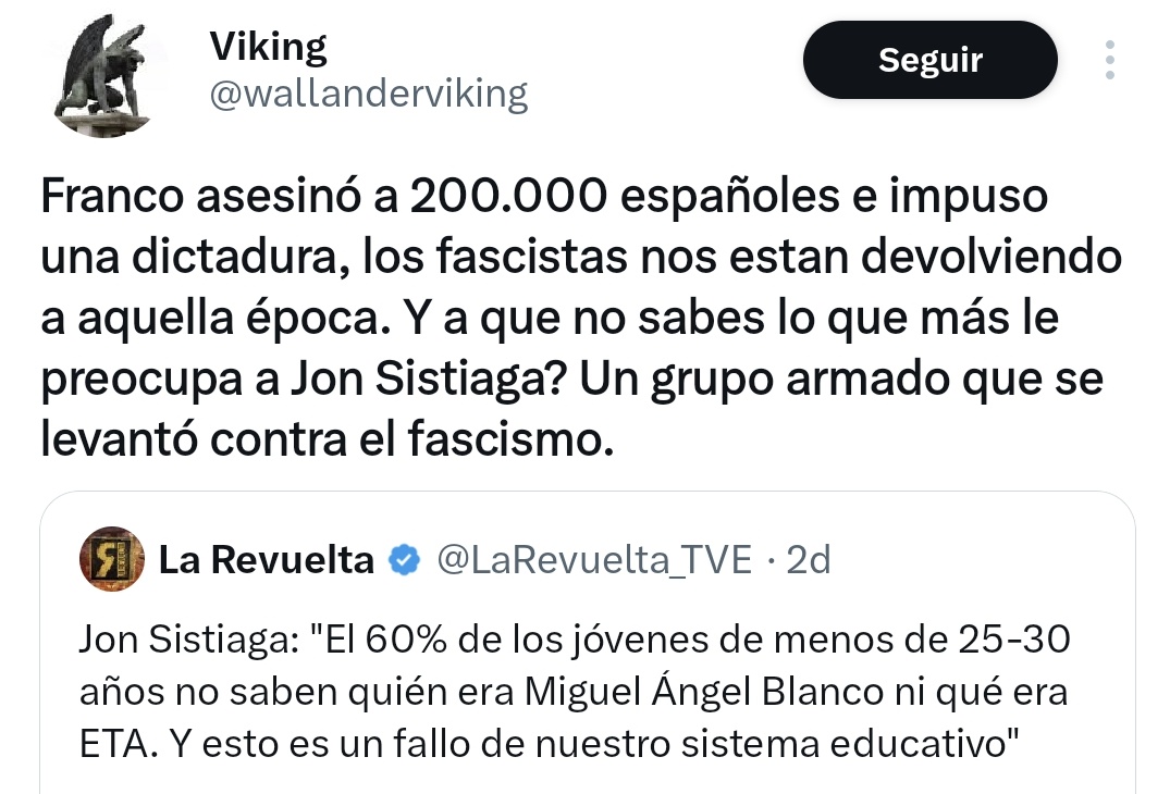 JosemaVallejo's tweet photo. En 1968 te pones a luchar contra el malvado dictador, pero Franco se muere en 1975 y, por lo que sea, llega 1987 y matas a señoras que hacen la compra y a niñas que duermen, en 1991 y 2002 matas a más niñas, más gente en 2006, sigues en 2009, 2010...

Pero que ETA porque Franco. https://t.co/7i3fpse1Il