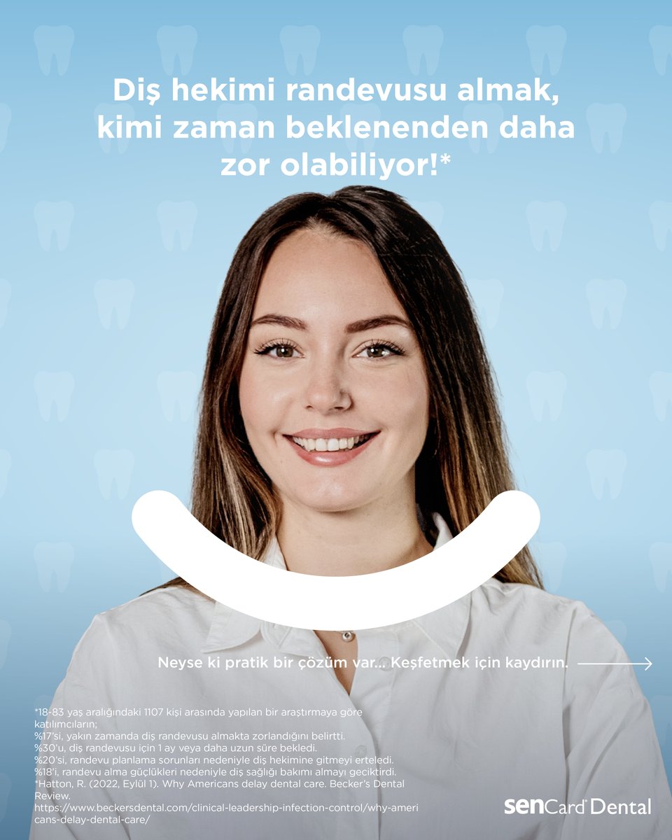 senCardDental's tweet photo. Diş hekimi kontrolünü ertelemek bazen sadece “vakit bulamamaktan” ibaret olabilir.

Araştırmalara göre her 5 kişiden biri, planlama zorlukları nedeniyle diş kontrollerini geciktiriyor.*

Oysa diş hekimi kontrolünüzü planlamak artık çok daha kolay. Dakikalar içinde planlama yapabilir, internet olan her yerden erişebilir ve randevunuzu kolayca güncelleyebilirsiniz.

📅  Linke tıklayarak Online Randevu Sistemi ile randevunuzu planlayabilirsiniz: https://t.co/nHyYJT1nm3
🦷 senCard Sağlıklı Yaşam Hattı: 0850 203 86 09
🌐 Daha fazla bilgi için https://t.co/tDkghd6T16

#senCard #senCardDental #DişSağlığı #OnlineRandevu