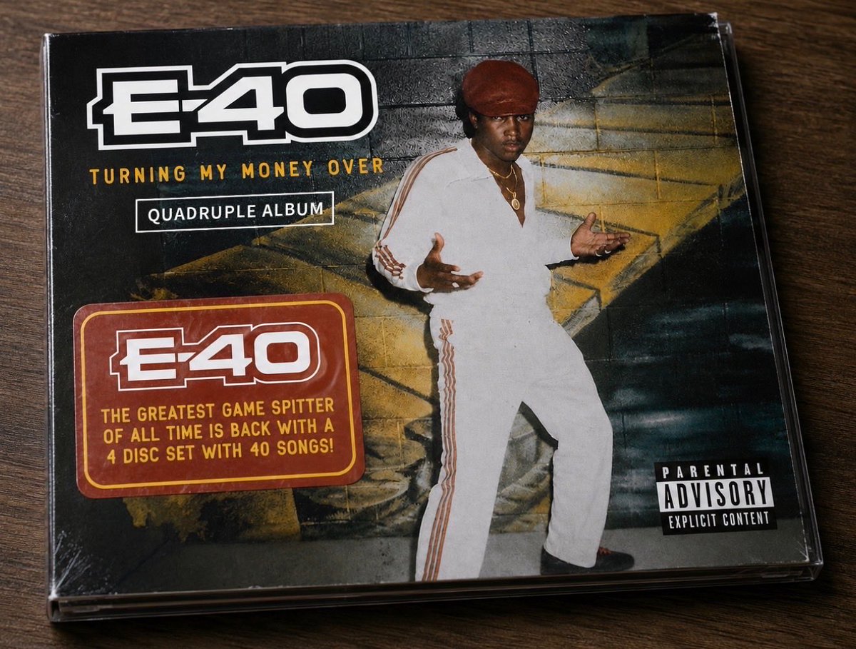 E40's tweet photo. E-40. 40 songs. 4 Discs. 8•28•2026 
The greatest game spitter of all time is BACK!
🎨: @philemerson distributed by @virginmusic https://t.co/u7Ll7P7MqW