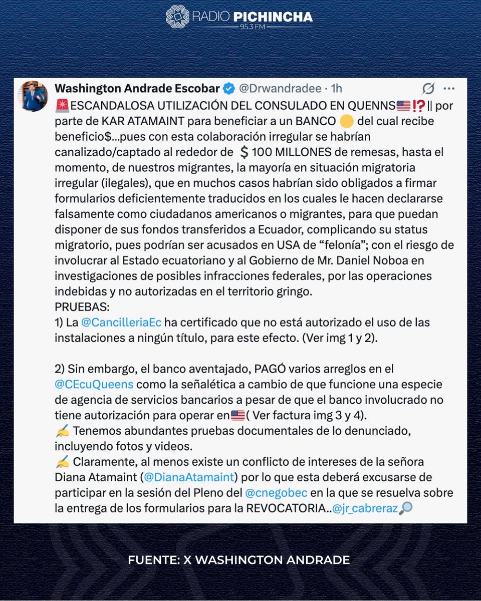 radio_pichincha's tweet photo. 🛑#Atención | El abogado Washington Andrade denunció presuntas irregularidades en el Consulado de Ecuador en Queens, Nueva York, que, según afirmó, habrían beneficiado a una entidad bancaria mediante la captación de remesas de migrantes ecuatorianos. Además, aseguró que su equipo recopiló documentación sobre el caso y anunció que en los próximos días presentará más información. Andrade también señaló un supuesto conflicto de intereses que involucraría a Vinicio Kar Atamaint, hermano de la expresidenta del CNE, Diana Atamaint.
#LaRadioDeLasNoticias
