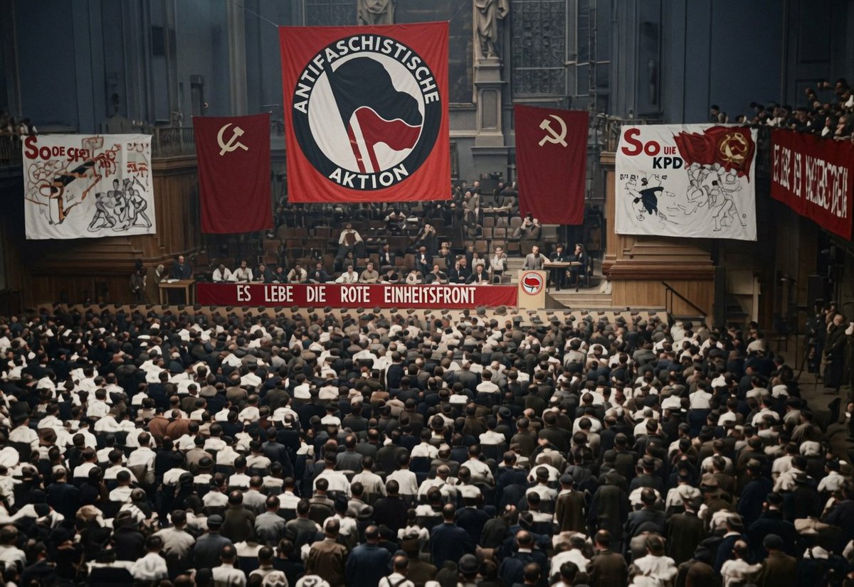DaniMayakovski's tweet photo. El 10 de julio de 1932, el Partido Comunista Alemán (KPD) creaba la organización de combate "Acción Antifascista" para unir a todos los antifascistas del pais y organizarse contra el ascenso del nazismo.

Esta mítica organización era parte del Frente Rojo de Combate, la organización paramilitar comunista del KPD, que llegó a tener más de 130.000 militantes armados listos para combatir al nazismo... antes de que la socialdemocracia la ilegalizara en 1929 para hacerle el favor al capital y a sus mercenarios fascistas.

El logo de la organización Acción Antifascista con las banderas negras y rojas juntas, en representación de anarquistas y comunistas unidos ante el nazismo, se convirtió en uno de los símbolos políticos más famosos de la historia.
