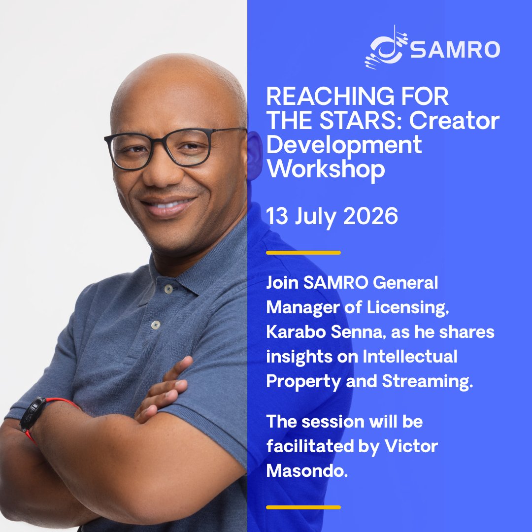 SAMROMusic's tweet photo. Legendary South African bassist and music producer Victor Masondo (@nyambose) invites musicians to a virtual national music industry training programme.

Designed for musicians, producers, DJs, and music entrepreneurs, this programme will equip creators with the knowledge and practical skills to build a sustainable and professional career in the music industry.

Karabo Senna, SAMRO General Manager of Licensing, joins an insightful conversation on Intellectual Property & Streaming.

Click below to secure your spot: https://t.co/vZozO0Mznf
