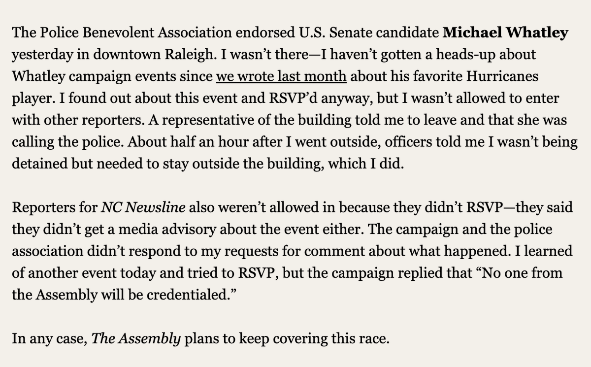 BryanRAnderson's tweet photo. U.S. Senate candidate Michael Whatley's campaign has barred certain outlets from covering his events, myself included for @TheAssemblyNC. At an event yesterday, police were called. We'll continue to cover this race. #ncpol #ncsen 

Full Statement Below: https://t.co/Gi54CXljyH