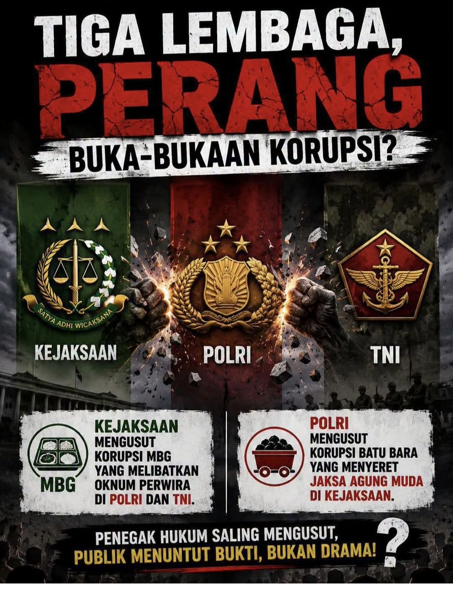 taufik_q's tweet photo. TIGA LEMBAGA, SATU PERTANYAAN:
NEGARA INI MAU DIBAWA KEMANA?!
#EDISI : SATU LAGI DAGELAN YANG TAK LUCU
Yaaaaa Allah...
Apakah ini awal jawaban dari darah di KM50?
Apakah ini pertanda "perang bintang" antar institusi yang selama ini kita duga hanya sandiwara, akhirnya benar-benar dimulai?
Cukup sudah. Rakyat sudah muak jadi penonton sirkus.
Siang tadi kabarnya Presiden Prabowo memanggil langsung Kapolri, Jaksa Agung, Panglima TNI, Wakilnya, sampai KaBAIS. Kenapa?
Karena penggeledahan Jampidsus tidak diberitahukan?
Atau karena topeng-topeng mulai retak satu persatu?
Lihat gambarnya. Tiga lembaga.
Tiga simbol kekuasaan. Saling adu tinju.
KEJAKSAAN mengusut korupsi MBG yang menyeret oknum perwira di POLRI dan TNI.
POLRI membalas mengusut korupsi batu bara yang menyeret Jaksa Agung Muda di KEJAKSAAN.
TNI? Diam-diam tapi namanya ikut terseret.
Ini penegakan hukum atau saling sandera?
Ini pemberantasan korupsi atau buka-bukaan aib karena sudah tidak ada yang bisa saling tutup?
Yang lucu, ketika rakyat kecil telat bayar pajak langsung dikejar sampai ke lubang semut. Giliran kasus besar menyeret bintang 3 dan bintang 4, tiba-tiba semua sibuk "koordinasi", "menunggu arahan", "menjaga marwah institusi".
Dagelan macam apa ini?
Rakyat tidak butuh drama. Rakyat butuh BUKTI.
Butuh nama.
Butuh vonis.
Butuh penjara.
Bukan konferensi pers yang isinya narasi dan saling lempar tanggung jawab.
Dan tentang KM50...
Ya Allah, turunkan keadilan-MU.
Bongkar siapa dalangnya.
Buka seterang-terangnya.
Berikan pada mereka yang terlibat kehidupan yang sehina-hinanya, agar bangsa ini tahu siapa sebenarnya yang bermain di balik seragam dan stempel negara.
Jangan sampai kasus ini kembali dikubur dengan istilah "sudah selesai" atau "demi stabilitas nasional".
Stabilitas macam apa kalau dibangun di atas bangkai dan kebohongan?
Jadi sekarang kita mau lihat:
Apakah Jampidsus yang akan masuk bui?
Atau Listyo Sigit yang akan terdepak?
Atau... semuanya akan selamat, lalu rakyat lagi-lagi yang disuruh "sabar" dan "percaya proses"?
Sudah terlalu lama kita percaya.
Sudah terlalu lama kita sabar.
Sudah terlalu lama kita ditipu dengan istilah "reformasi institusi".
Kalau ini benar perang antar lembaga, bagus. Peranglah.
Tapi peranglah dengan data, dengan berkas, dengan pengadilan terbuka.
Jangan perang wacana di media, sementara rakyat tetap miskin dan hukum tetap tumpul ke atas.
Kami rakyat hanya punya satu tuntutan:
*HUKUM YANG SAMA UNTUK SEMUA. TANPA KECUALI.*
Kalau tidak mampu, mundur.
Kalau tidak berani, jangan pura-pura tegas.
Kalau masih mau main mata, ingat: rakyat sudah melek. Kamera ada di mana-mana. Dan sejarah mencatat.
_We Will See_
π€βοΈβ
Wassalam
(Fairus Khan_Oposisi Indonesia)
--
Innalillahi Rachmat Gobel Amanda Zahra Nangka Cipete