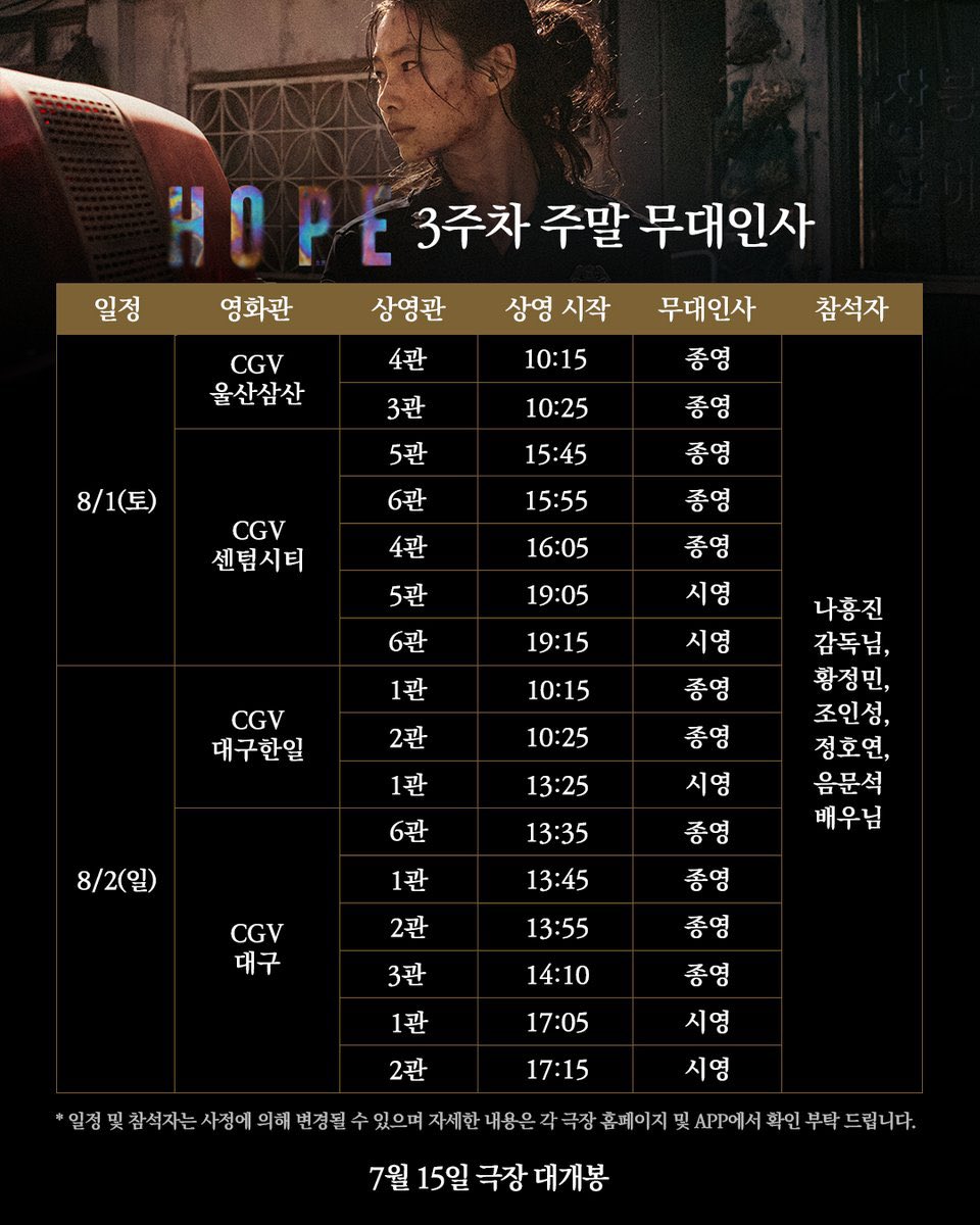 AttoPicture's tweet photo. 호프 개봉 3주차 무대인사
8월 1일 ~ 8월 2일 부산, 대구
나홍진 감독, 황정민, 조인성, 정호연, 음문석 참석 예정
(+ 추가 회차)

#호프 #무대인사 #부산 #대구
#나홍진감독 #황정민 #조인성 #정호연 #음문석 https://t.co/25ADHEmI73