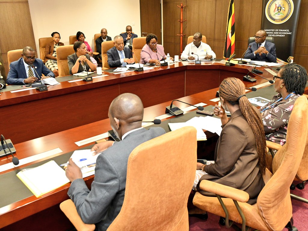 mofpedU's tweet photo. FINANCE MINISTER ASKS MANAGEMENT OF UGANDA AIRLINES TO EMBRACE PRIVATE SECTOR BUSINESS MODEL:

Finance Minister @henrymusasizi1 today met the Board of Directors and Management of Uganda Airlines to discuss the ten years strategic direction of the national carrier owned 100% by the Government of Uganda.

 @UG_Airlines team was led by the Chairperson of the Board of Directors Priscilla Mirembe Serukka and the Acting Chief Executive Officer Girma Wake. The Deputy Secretary to the Treasury Patrick Ocailap is a member of the Board of Directors.

The Finance Minister who was flanked by the Minister of State for Privatization & Investment @AminahMukalazi said the Board &  Management of Uganda Airlines should implement key reforms to ensure that the Airline becomes a profitable and reliable, world class carrier and major contributor to Uganda’s tenfold growth strategy.

The Acting Chief Executive Officer made a presentation on the operations of the Airline and the new developments. He said the Airline has a new schedule structure effective July 1,2026 and has plans to open Accra and Kigali routes to support the new network.

Girma said the regional conflict which led to the suspension of the Dubai flight operations, fuel cost volatility and Ebola outbreak are some of challenges affecting the operations of the Airline. 

He also called for the establishment of a specialized procurement framework for aircraft acquisitions, leasing transactions and aviation-specific goods and services.

The Chairperson of the Board said Uganda Airlines needs Recapitalization for Aircraft acquisition, meeting the growing route demand and improving reliability.

She said the Airline has successfully transitioned from market-entry startup to a regional competitor, now commanding 27% of market share at Entebbe International Airport.