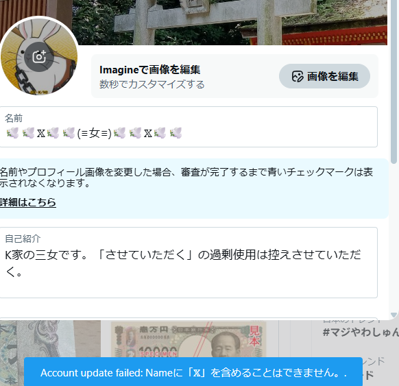 アカウント名の🕊の数を減らそうとしたら、アカウント名にXを使うなと