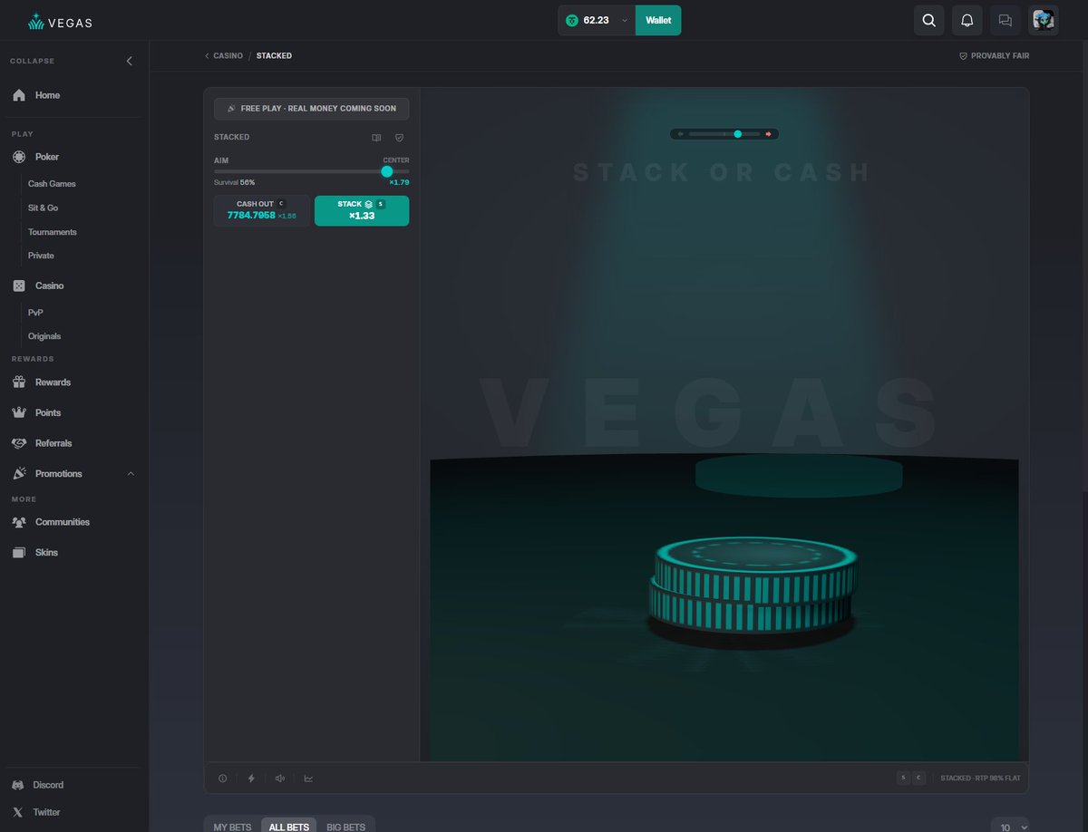0xWasa's tweet photo. Working on some cool VEGAS Originals.

Next week, four brand-new games and the casino arrive in free play as our open beta continues. https://t.co/ZqU7mgFo0h
