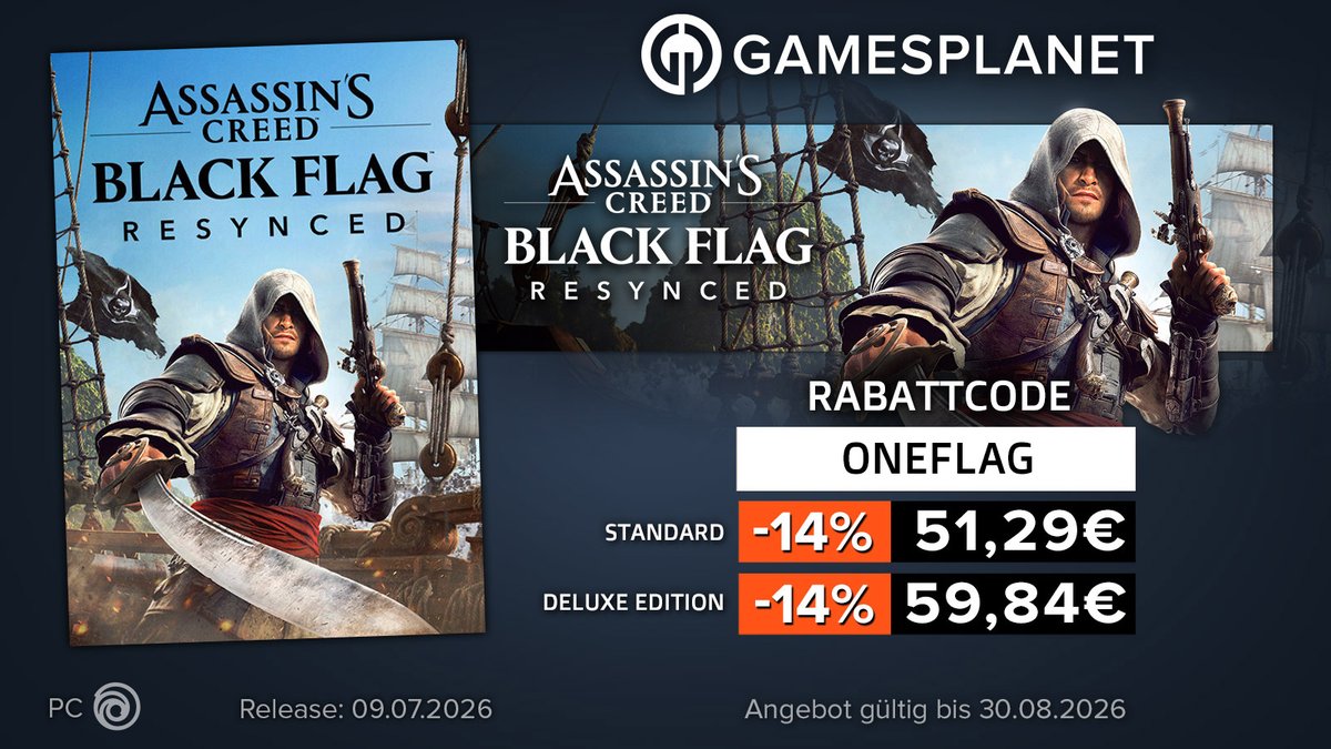 onecomputer's tweet photo. 🏴‍☠️RABATT-ALARM!🏴‍☠️
Bock auf epische Piraten-Action? 
Mit @gamesplanet_com könnt ihr sparen!

Was müsst ihr machen?
Nutzt beim Kauf auf https://t.co/07Yt6P2XUG einfach den Code: ONEFLAG. 
⏰ Der Code ist gültig bis zum 30.08.2026. 

#onegaming #gaming #gamekey https://t.co/zYpQHT8bDx
