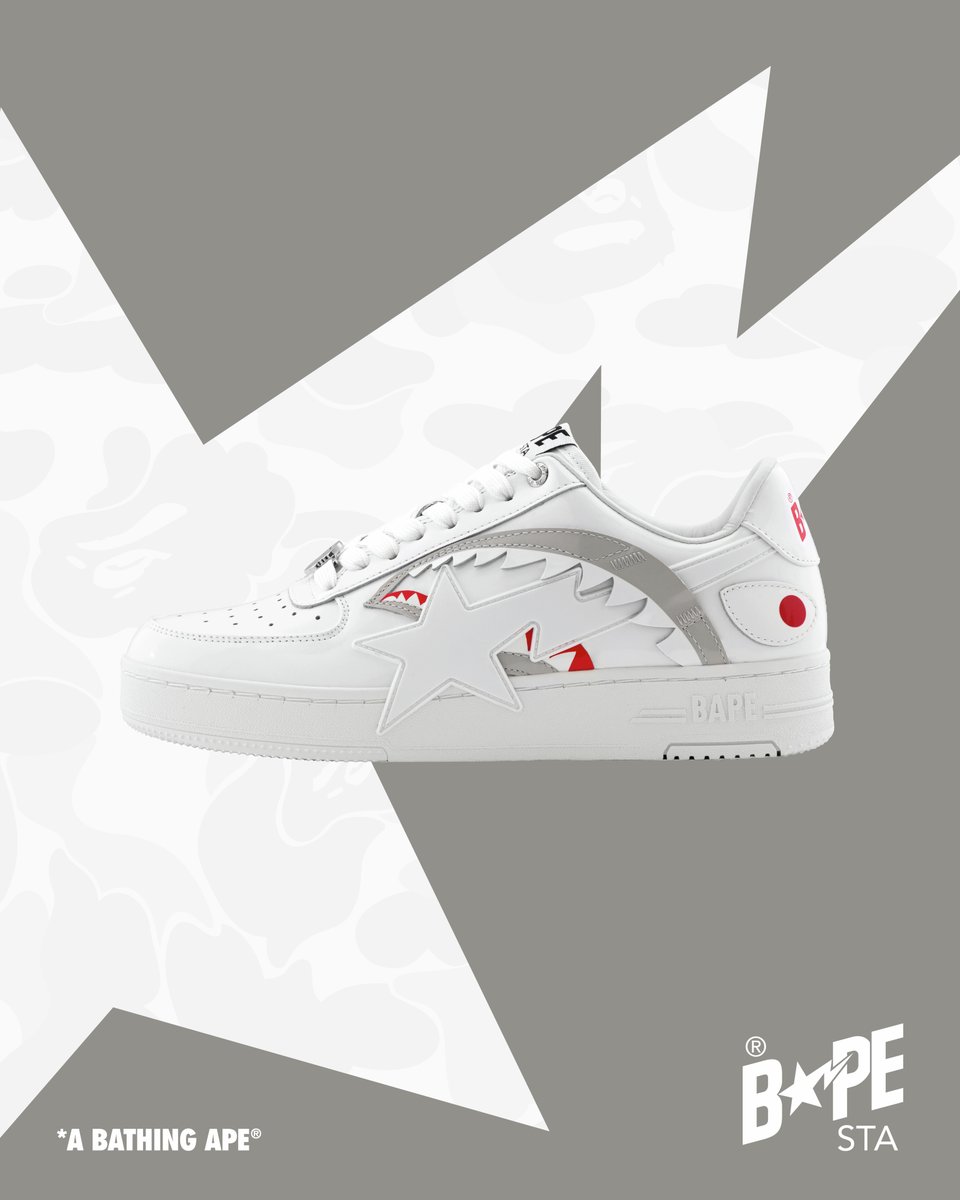 BAPEOFFICIAL's tweet photo. The BAPE STA™ OS SHARK is back, continuing the patent legend with a striking sheen.

The iconic shark face motif layered above the STA logo, bringing three distinct colourways with an edge. Lock in the ultra-clean full white, hit the streets in the sharp black-and-white, or break the mold in the vibrant pink-and-blue.

Available starting Jul 11, 2026, at BAPE STORE® and https://t.co/IBXRBlilL2.

#BAPE #ABATHINGAPE #BAPESTA #BAPESTASHARKOS
