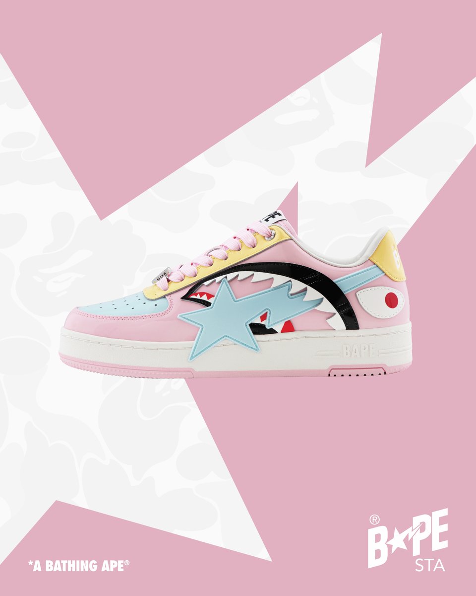 BAPEOFFICIAL's tweet photo. The BAPE STA™ OS SHARK is back, continuing the patent legend with a striking sheen.

The iconic shark face motif layered above the STA logo, bringing three distinct colourways with an edge. Lock in the ultra-clean full white, hit the streets in the sharp black-and-white, or break the mold in the vibrant pink-and-blue.

Available starting Jul 11, 2026, at BAPE STORE® and https://t.co/IBXRBlilL2.

#BAPE #ABATHINGAPE #BAPESTA #BAPESTASHARKOS
