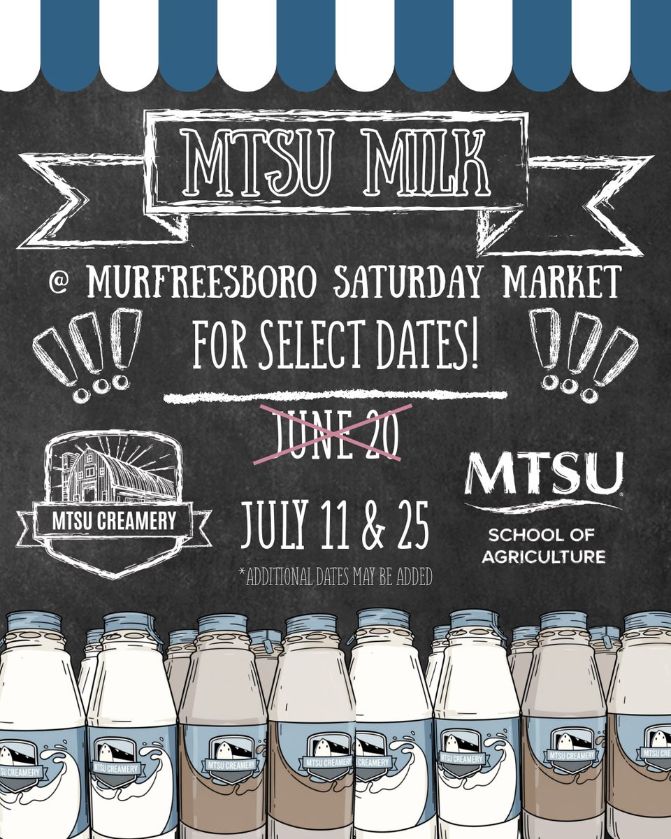 MTSUNews's tweet photo. Mark your calendar! MTSU's Creamery will be on hand from 8 a.m. to noon this weekend, July 11, at the Saturday Market in downtown Murfreesboro. The final date is July 25. #mtsu #MTSUmilk #trueBLUE https://t.co/0lkcBhAedi