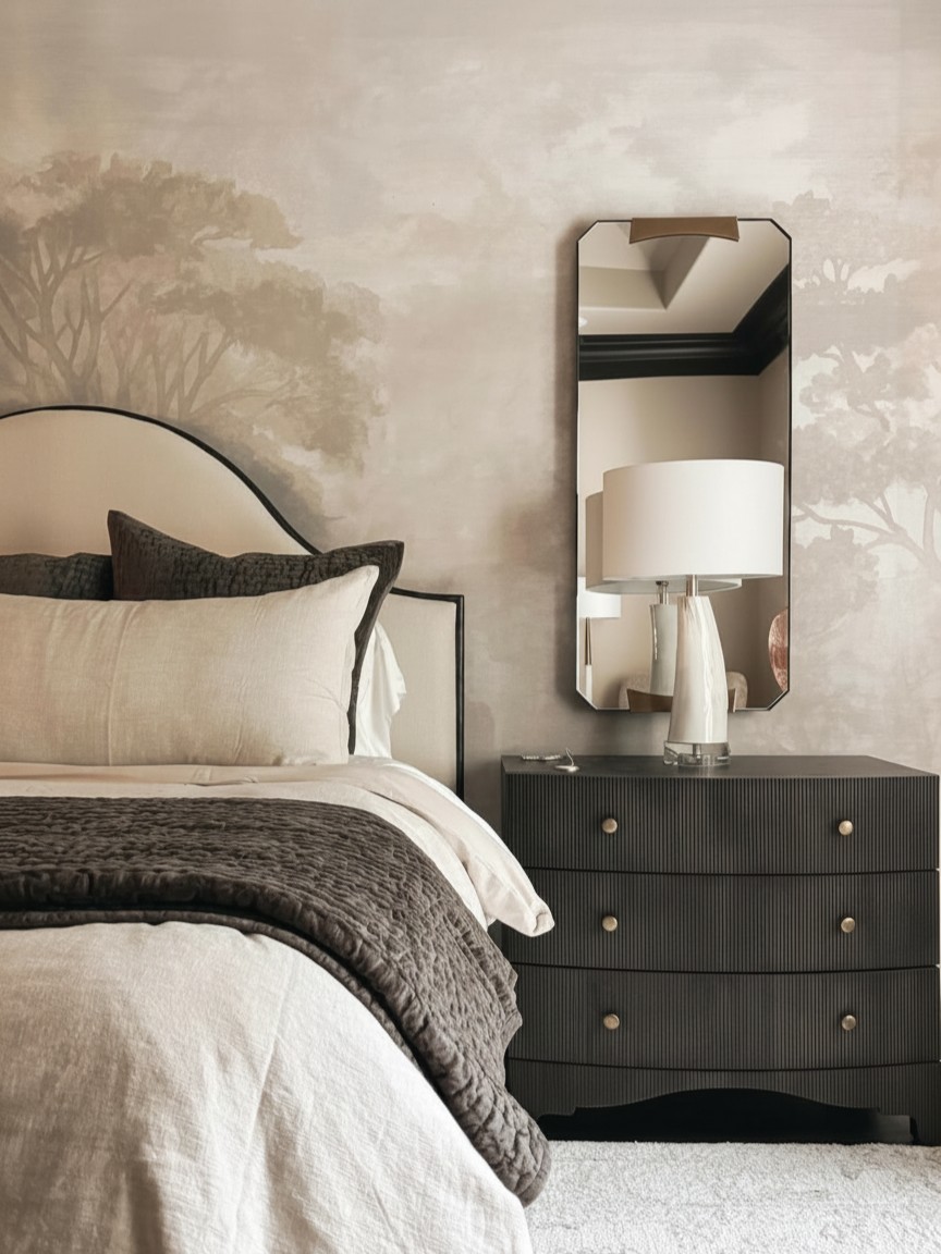 PhillipJeffries's tweet photo. La Mira Interiors layered our Avon wallcovering in this bedroom to create a backdrop that feels both whimsical and timeless. Discover the collection and order a sample via the link: https://t.co/V9yMNYJpYN https://t.co/UBYyIzRNk8