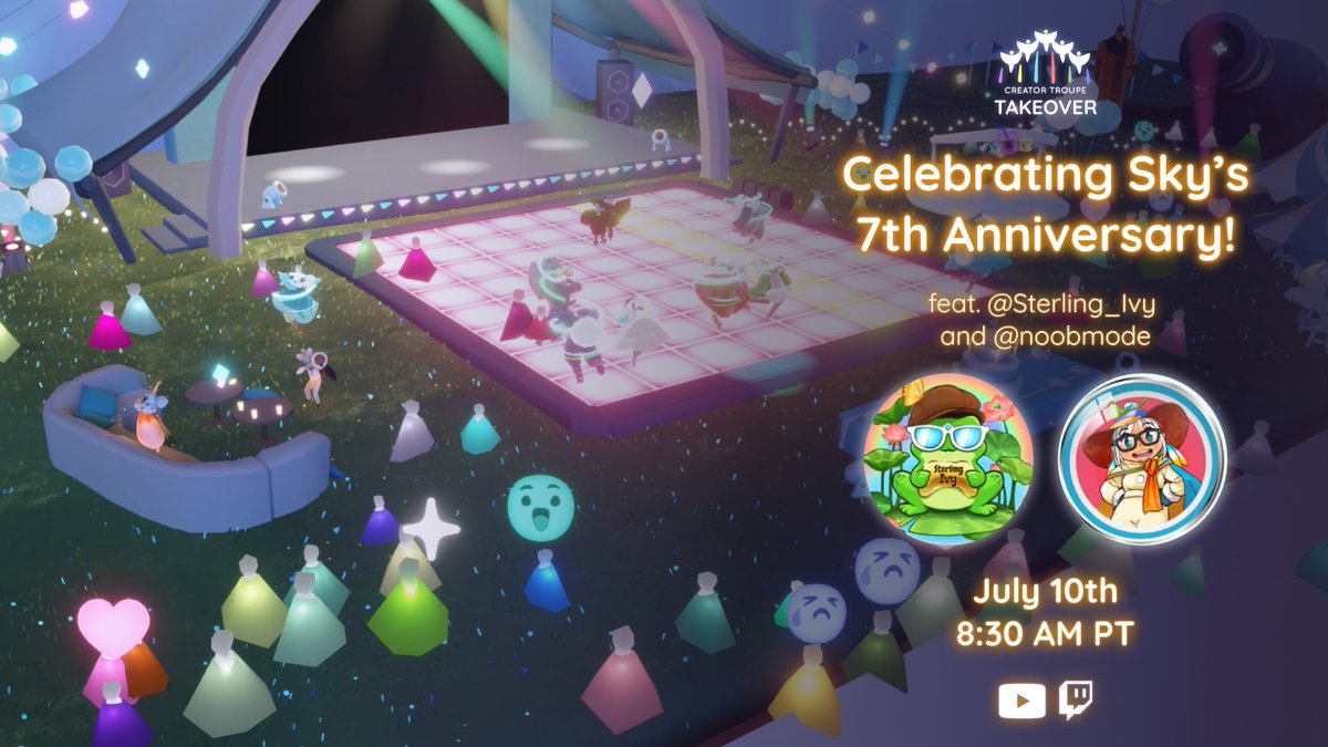 thatskygame's tweet photo. 🎆 Join Sterling Ivy and Noob Mode as we celebrate Sky's 7th Anniversary! 🎉 Come explore the Anniversary festivities, make new memories, and celebrate seven incredible years of Sky with the community. We can't wait to see you there! 💙

⏰  July 10th @ 8:30 AM PT

→YouTube: https://t.co/A1BRJqBwGx
→Twitch: https://t.co/hk8dff8jML