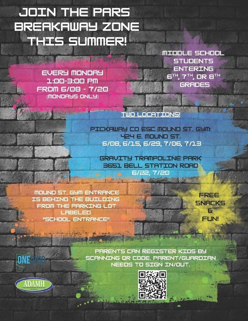 westfallwms's tweet photo. Looking for free summer fun? The PARS Breakaway Zone is back for middle schoolers entering 6th-8th grade! Join us Mondays from 1-3 PM for activities at the Mound St. Gym and Gravity Trampoline Park. Free snacks included! Scan the QR code on the flyer to register your child. https://t.co/42Cu99aVZE