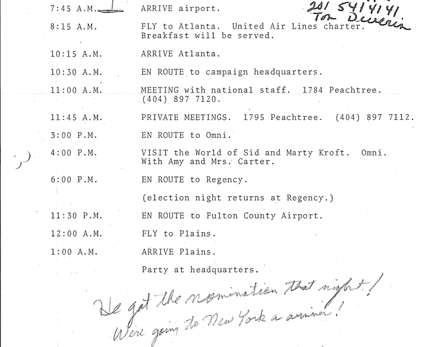 CarterLibrary's tweet photo. On 07/10/1976, Jimmy, Rosalynn, and Amy Carter landed in New York City for the Democratic National Convention a couple of days early for rallies, meetings, and press. Lisa Barlow's 07/10/1976 photographs and schedule from our collection. #Carter50 https://t.co/33R2HPilAe