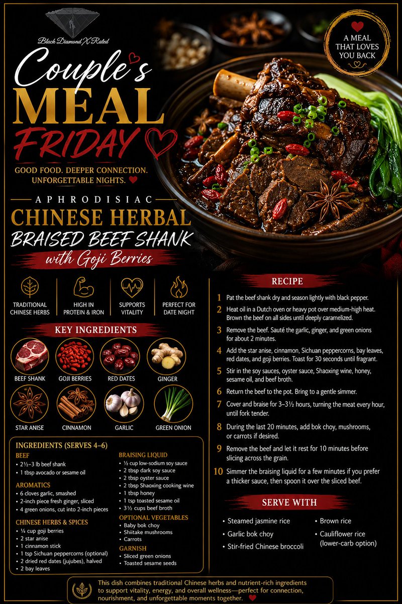 BDXR_'s tweet photo. 🔥 COUPLE'S MEAL FRIDAY 🔥

Nothing brings couples together like an unforgettable homemade meal. This rich Chinese Herbal Braised Beef Shank with Goji Berries combines bold flavors, traditional herbs, and wholesome ingredients that create the perfect atmosphere for meaningful conversations and romantic evenings.

Raise a glass to connection with this rich and fruity Goji Berry Elixir Cocktail. Designed to perfectly complement Chinese Herbal Braised Beef Shank, this handcrafted cocktail balances herbal warmth, citrus brightness, and bold flavors for an unforgettable date night. 

❤️ Cook together. Laugh together. Fall in love again—one meal at a time.

❤️ Great drinks. Great conversations. Even better memories. 

❤️ LIKE & FOLLOW for more Couple's Meal Friday recipes, cocktails, and date night inspiration!

🎲 After dinner, keep the sparks flying with Black Diamond X Rated Play'n Cards—the adult card game designed to turn an ordinary evening into an unforgettable experience.

🛒 Order now:
  https://t.co/YOZAL11HUh

#BlackDiamondXRated #BDXR #CouplesMealFriday #DateNightDinner #RomanticDinner #HomeCooking #AphrodisiacFoods #GojiBerries #ChineseCuisine #CouplesCooking #FoodieCouple #DinnerForTwo #Romance #RelationshipGoals #DateNightIdeas #AdultCardGame #LoveAndFood #FoodLovers #CouplesGoals #CookTogether #LoveAndCocktails #CocktailLovers #SipTogether #RomanticVibes