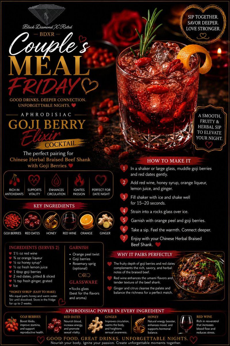BDXR_'s tweet photo. 🔥 COUPLE'S MEAL FRIDAY 🔥

Nothing brings couples together like an unforgettable homemade meal. This rich Chinese Herbal Braised Beef Shank with Goji Berries combines bold flavors, traditional herbs, and wholesome ingredients that create the perfect atmosphere for meaningful conversations and romantic evenings.

Raise a glass to connection with this rich and fruity Goji Berry Elixir Cocktail. Designed to perfectly complement Chinese Herbal Braised Beef Shank, this handcrafted cocktail balances herbal warmth, citrus brightness, and bold flavors for an unforgettable date night. 

❤️ Cook together. Laugh together. Fall in love again—one meal at a time.

❤️ Great drinks. Great conversations. Even better memories. 

❤️ LIKE & FOLLOW for more Couple's Meal Friday recipes, cocktails, and date night inspiration!

🎲 After dinner, keep the sparks flying with Black Diamond X Rated Play'n Cards—the adult card game designed to turn an ordinary evening into an unforgettable experience.

🛒 Order now:
  https://t.co/YOZAL11HUh

#BlackDiamondXRated #BDXR #CouplesMealFriday #DateNightDinner #RomanticDinner #HomeCooking #AphrodisiacFoods #GojiBerries #ChineseCuisine #CouplesCooking #FoodieCouple #DinnerForTwo #Romance #RelationshipGoals #DateNightIdeas #AdultCardGame #LoveAndFood #FoodLovers #CouplesGoals #CookTogether #LoveAndCocktails #CocktailLovers #SipTogether #RomanticVibes