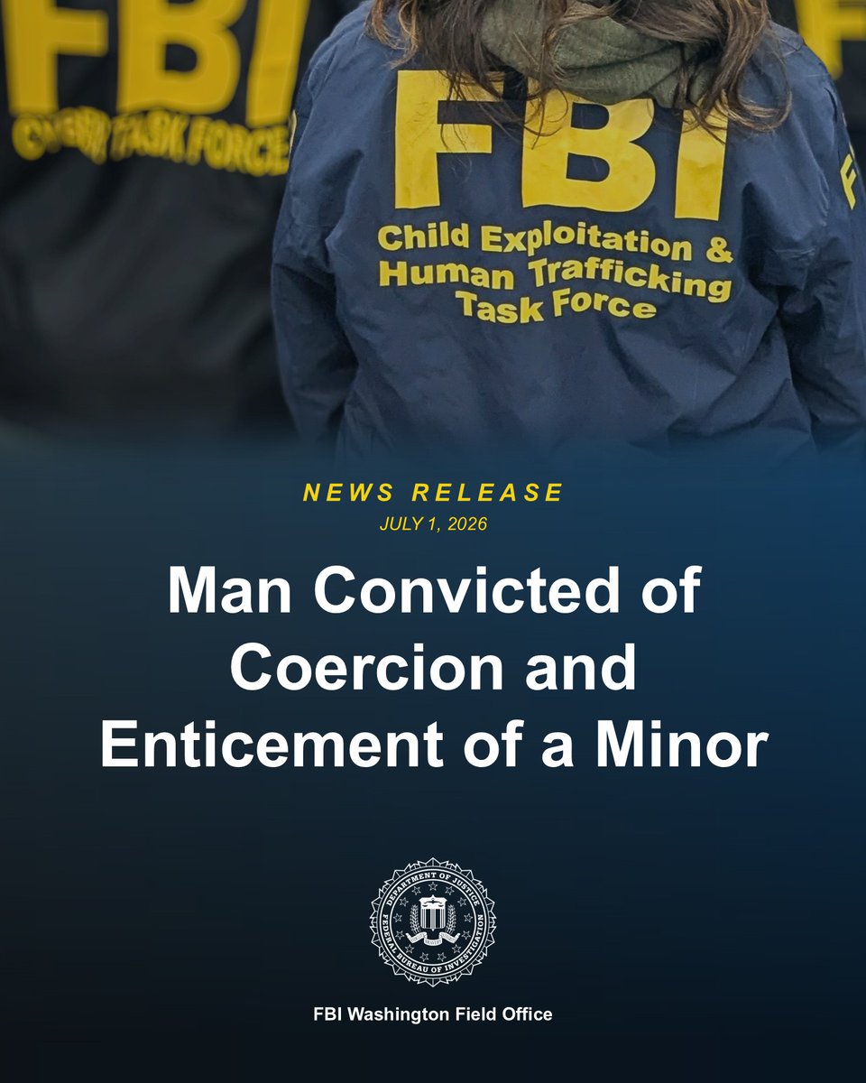 FBIWFO's tweet photo. Man Convicted of Coercion and Enticement of a Minor: The defendant sent sexually explicit photos and videos to a 14-year-old victim and then convinced the victim to share child sexual abuse material. https://t.co/wVKbyZAqXI

@EDVAnews @FBICharlotte https://t.co/CKWgA2eHxH