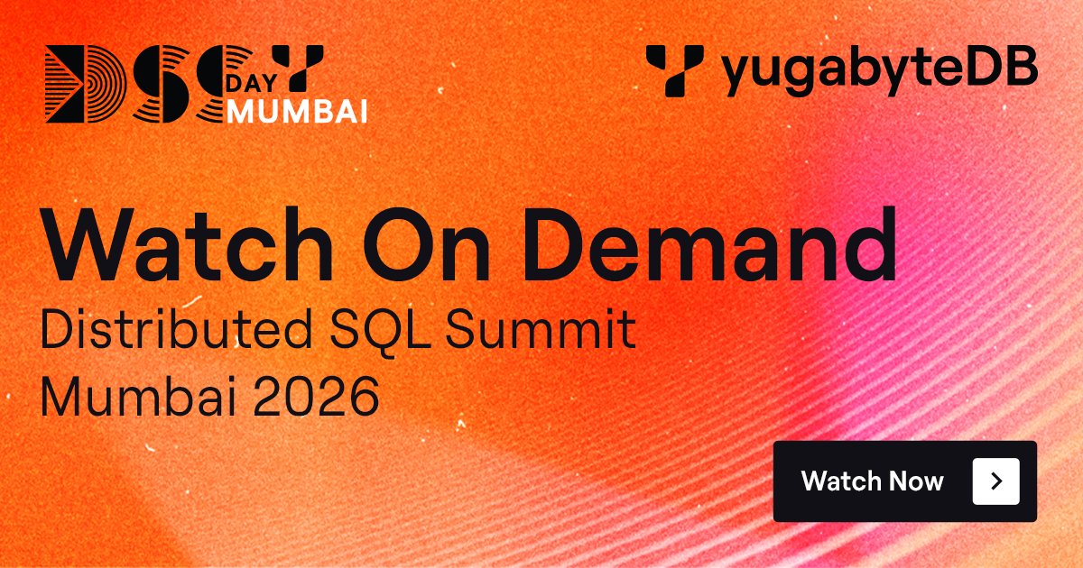 Yugabyte's tweet photo. Distributed SQL Summit Mumbai 2026: Now Available to Watch On Demand!๐บ
From a thought-provoking keynote to in-depth customer panels and real-world use cases, DSS Mumbai was packed with insights into the future of #distributedSQL, #resilience at scale, and #AI-ready architectures.๐ก
Click to watch all of the session replays from #DSSMumbai!โฌ๏ธ
https://t.co/w2TBxe2qKF