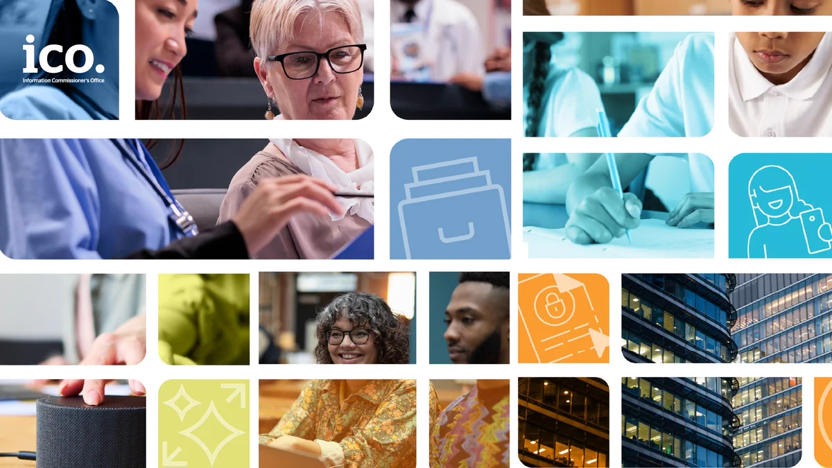 "Mosaic-style graphic showing a range of people, technology and public service settings, alongside icons representing privacy, innovation, regulation and responsible data use."
