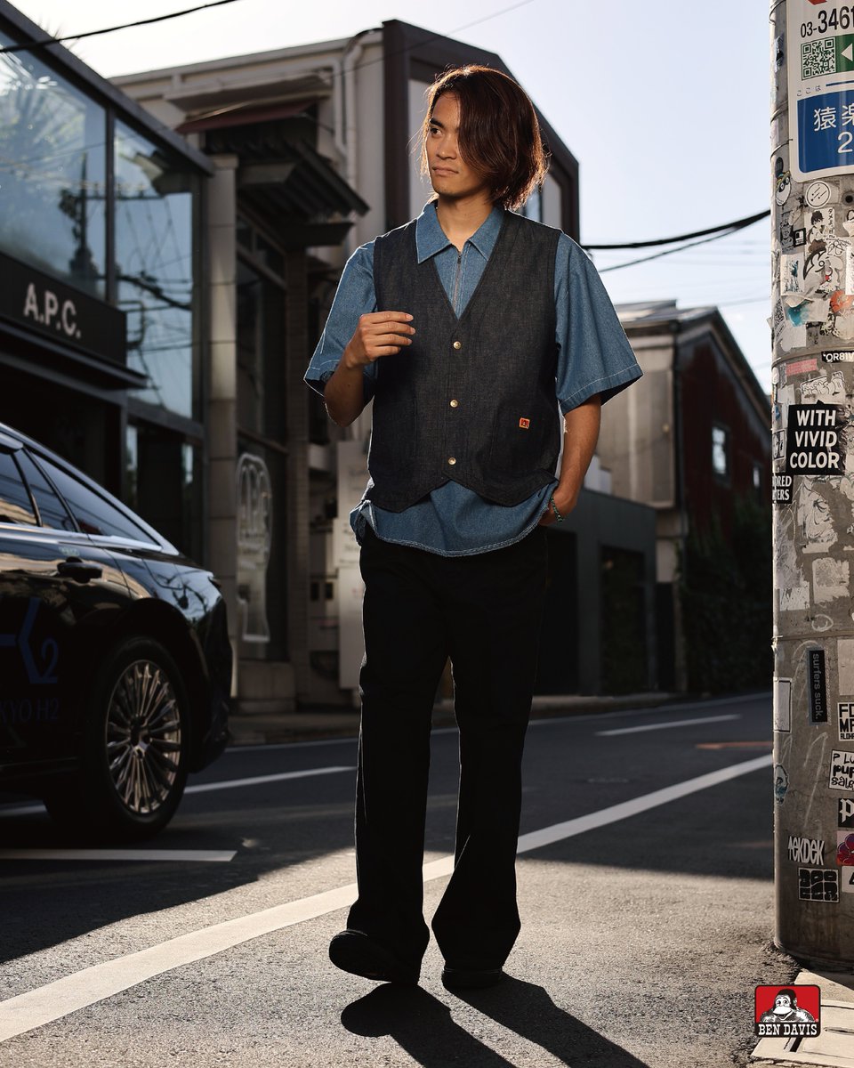 BendavisJp's tweet photo. MEN 
bottoms: USA GORILLA CUT BLACK ▶︎https://t.co/9PhHL5f53i
 tops: Denim Fringe Half Zip LS tops: Denim Vest 〈Ben Davis Signature collection Curated by POGGY〉▶︎https://t.co/T93Gfnkrea https://t.co/JQ9k8FKOz6