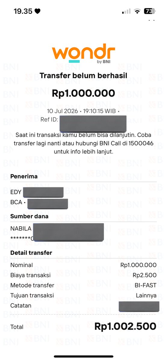 goldenlifeyeah's tweet photo. haloo @BNI @BNICustomerCare wondr lagi trouble kah? tadi habis tf ke suami gagal tapi saldo kepotong, giliran tf ke rek bca sendiri berhasil. nisa tolong dibantu? udah hub cs wa dan cs 1500046 tapi gak gercep semua nih https://t.co/WgdPcUak9b