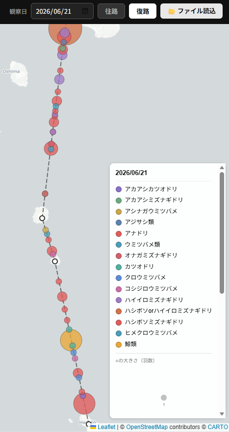 morgan930_m's tweet photo. 1枚目が往路で2枚目が復路。
だいぶ配色が微妙で分かりづらいですが、、 
・ウミツバメは三宅以南に集中（三宅以北は2羽の推定ヒメクロのみ）。
・三宅～御蔵間が往路復路ともによかった。
・新島過ぎからハイ・ボソが増加（オナガナギは新島沖） https://t.co/sEV1dXgiaT