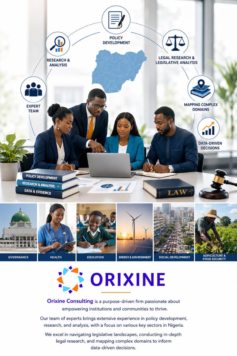 OrixineConsult's tweet photo. Orixine Consulting is a purpose-driven firm passionate about empowering institutions and communities to thrive.
 #health #policydevelopment #researchanysis #education #governance #environment https://t.co/haiVV5JnP1