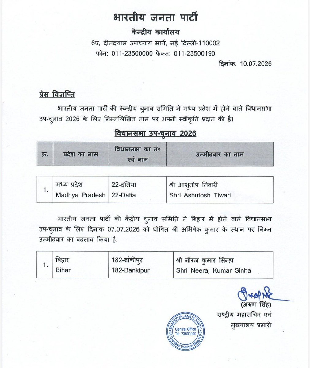 vdsharmabjp's tweet photo. भाजपा की केंद्रीय चुनाव समिति द्वारा मध्य प्रदेश विधानसभा उपचुनाव 2026 के लिए दतिया से श्री आशुतोष तिवारी को प्रत्याशी घोषित होने पर हार्दिक बधाई एवं शुभकामनाएं। https://t.co/NuUh9iekHa