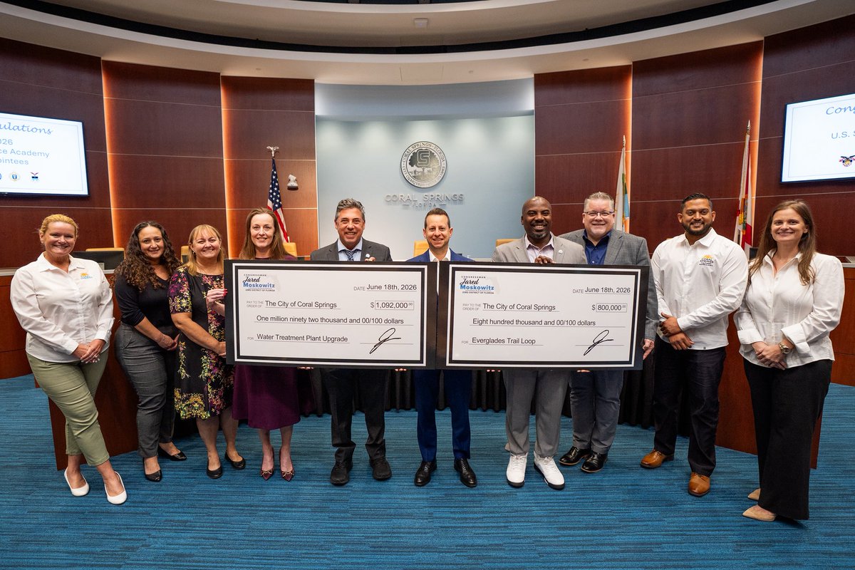 RepMoskowitz's tweet photo. Two wins for @CoralSpringsFL! I’m proud to have secured $1,092,000 to modernize the city’s aging water treatment plant so families keep the safe, reliable drinking water they depend on.

On top of that, we were once again able to deliver another $800,000 for the Everglades Memorial Loop, a multi-use trail that opens up safe walking and biking while connecting residents to the extraordinary landscape right in our backyard.

Coral Springs is a special place, and I’m proud to keep working to build it up.