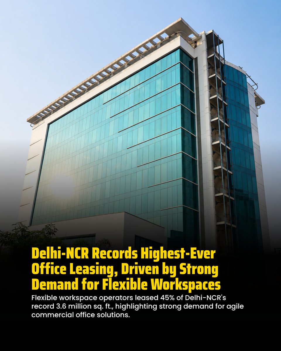 Pk22717855's tweet photo. Delhi-NCR Office Boom 🏢📈

Delhi-NCR recorded its highest-ever office leasing, with flexible workspaces driving 45% of 3.6 million sq. ft. leased, reflecting strong demand &amp; growing confidence in the commercial real estate market. 

#DelhiNCR #OfficeLeasing #CommercialRealEstate https://t.co/w4naODwUQC