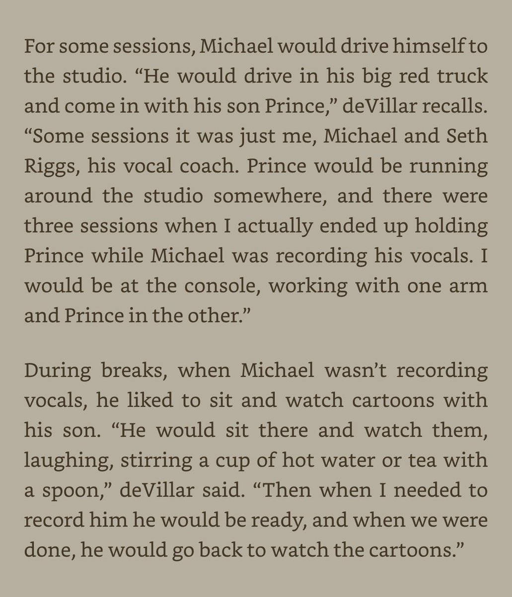LiberianGirl779's tweet photo. As a single father, Michael would drive to the studio himself and bring Prince along.
“During breaks, when Michael wasn't recording vocals, he liked to sit and watch cartoons with his son. "He would sit there and watch them, laughing, stirring a cup of hot water or tea with a spoon. Then when I needed to record him he would be ready, and when we were done, he would go back to watch the cartoons."
