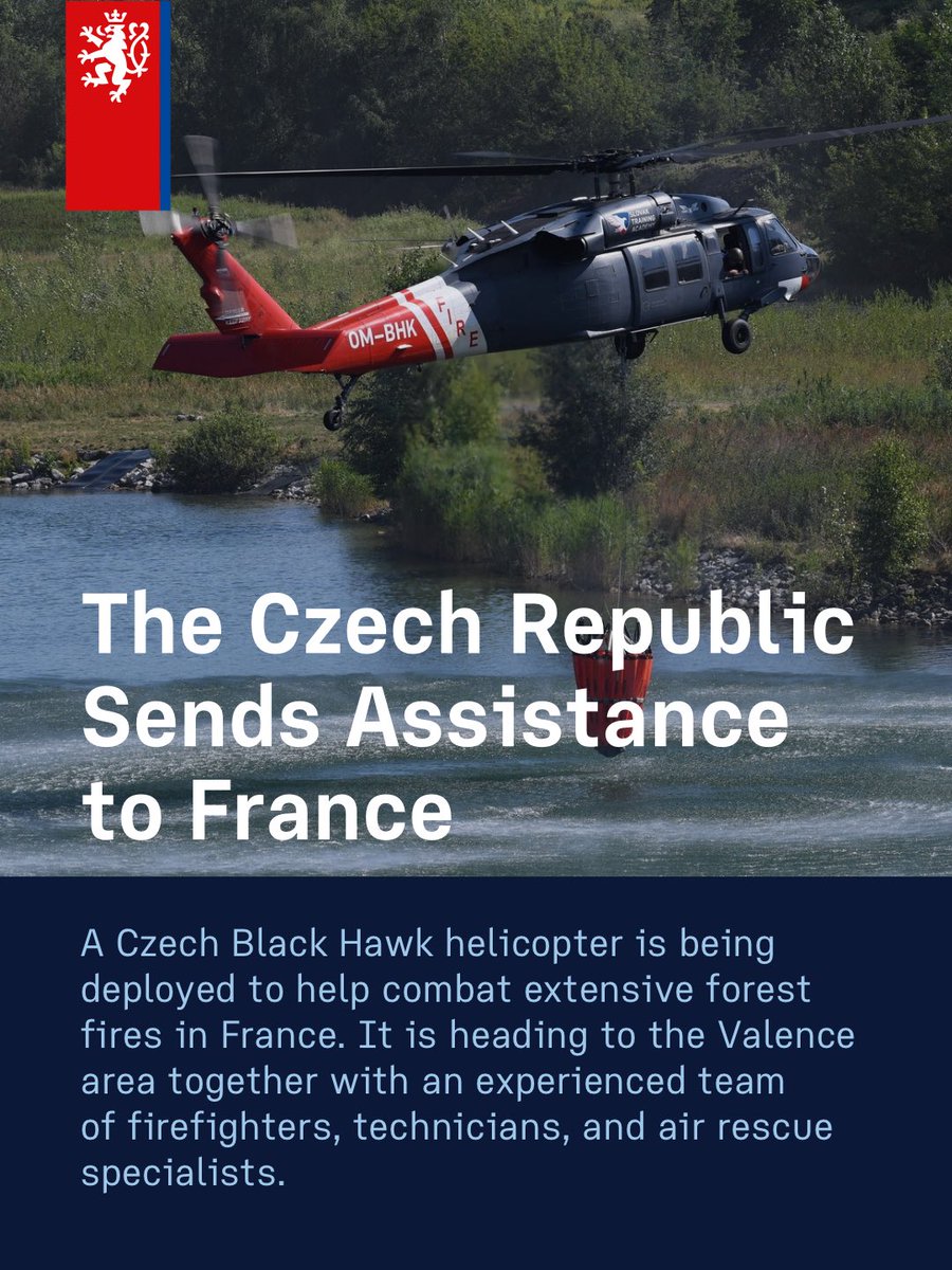 CzechMFA's tweet photo. 🚁 The Czech Republic is deploying a helicopter to assist with wildfire suppression efforts in France through the ERCC (Emergency Response Coordination Centre). The Black Hawk helicopter is expected to join rescue and firefighting operations in the area between Grenoble and Valence as early as today or tomorrow.