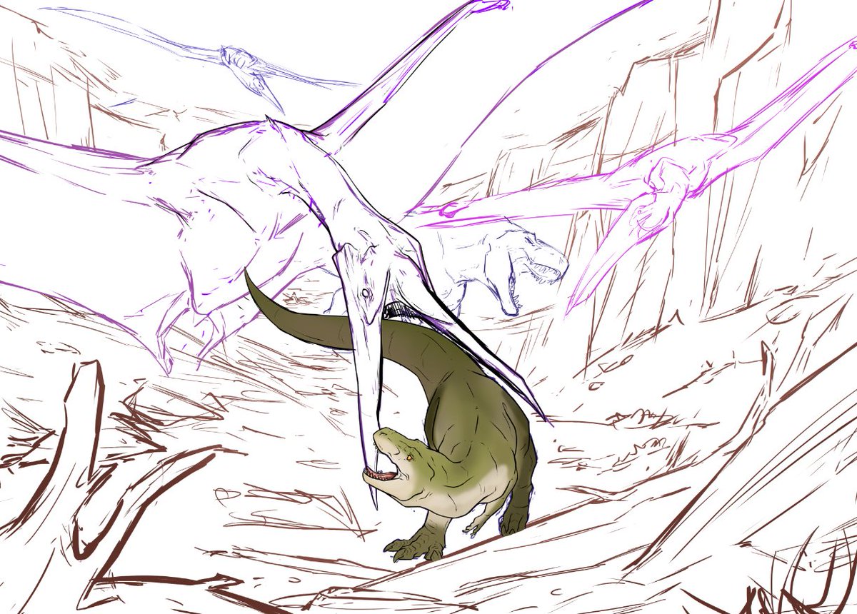 JackyTheMoo's tweet photo. I would love to continue this artwork at some point QvQ 
This was inspired by the dread we all feel when we see a flyer in Path of Titans and a GamingBeaver Video xD https://t.co/ahEuTJKNmi