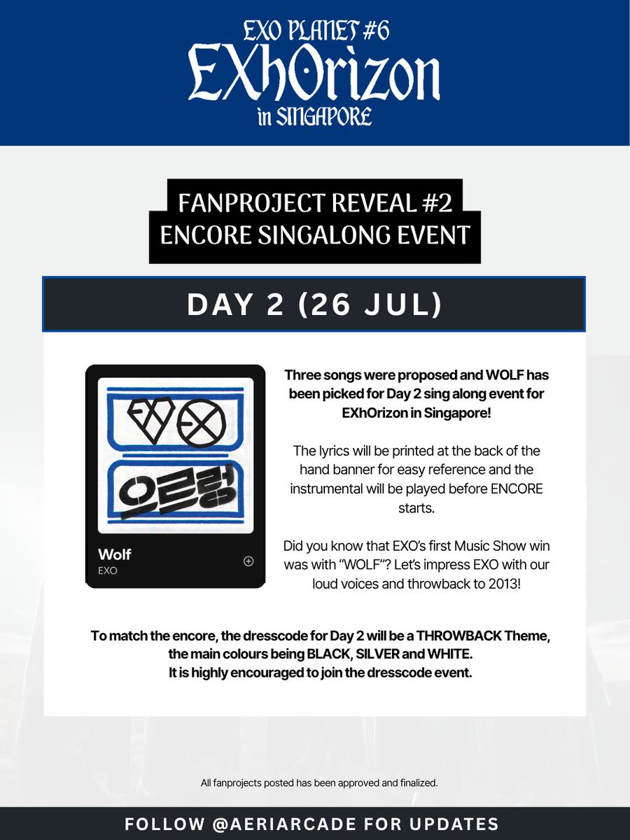 aeriarcade's tweet photo. 𝙀𝙓𝙝𝙊𝙧𝙞𝙯𝙤𝙣 in 𝗦𝗜𝗡𝗚𝗔𝗣𝗢𝗥𝗘 2026  💙 

PROJECT REVEAL #2  
DAY 2 (24/7) Singalong Event before Encore is WOLF!  🐺

"그래 Wolf 내가 Wolf awoo"

📽️WOLF https://t.co/5wHNWDQXEq

#EXhOrizoninSG
#EXOPLANET_EXhOrizon 
#EXhOrizon #EXOinSG https://t.co/QSQIyzmhX2