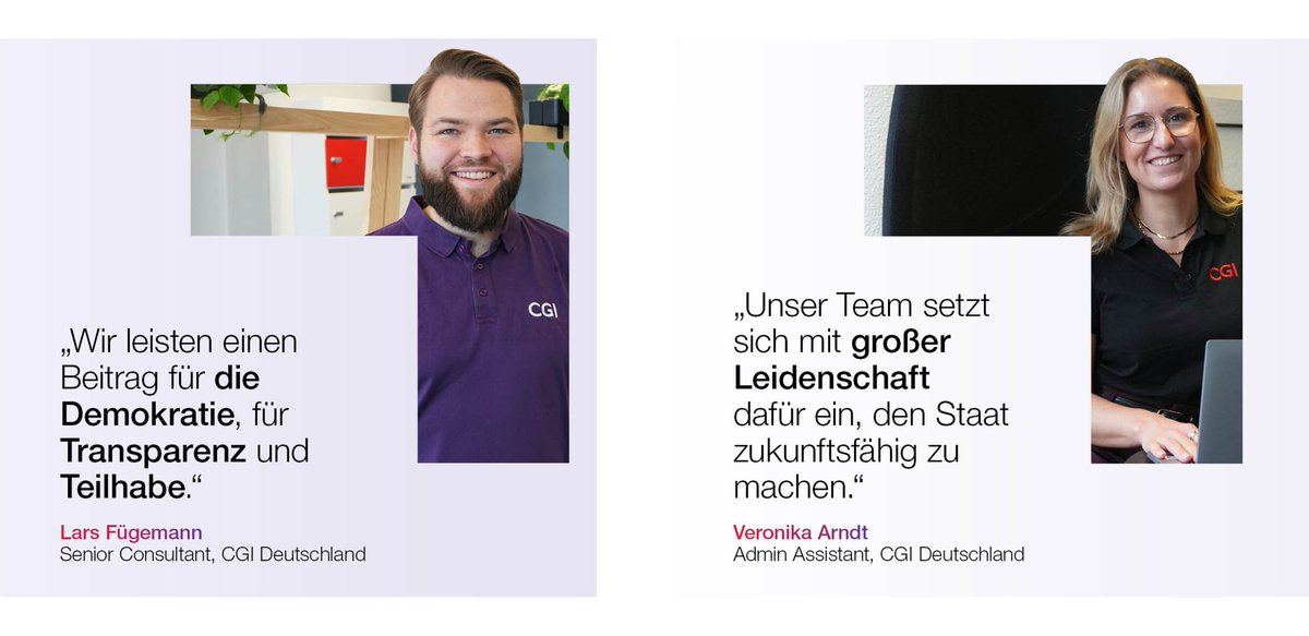 CGI_DE's tweet photo. Veronika und Lars haben ihre Purpose-Jobs gefunden. Denn als Teil unseres Deutschen Public-Sector-Teams arbeiten sie daran mit, dass der Staat zukunftsfähig wird   und die Demokratie stark bleibt. https://t.co/D4HtHJMvTV https://t.co/3u5DJgPHKY