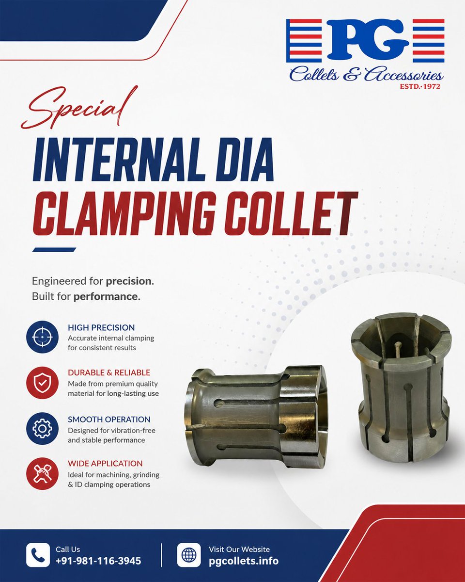 ColletsPg17662's tweet photo. Precision starts from the inside.

PG Collets' Special Internal Dia Clamping Collet delivers accurate gripping, smooth operation and performance for machining.

�� High precision
✅ Durable design
📞 +91 9811163945

#pgcollets #precisionengineering #cncmachining #machiningtools https://t.co/jAEmchO5Ep