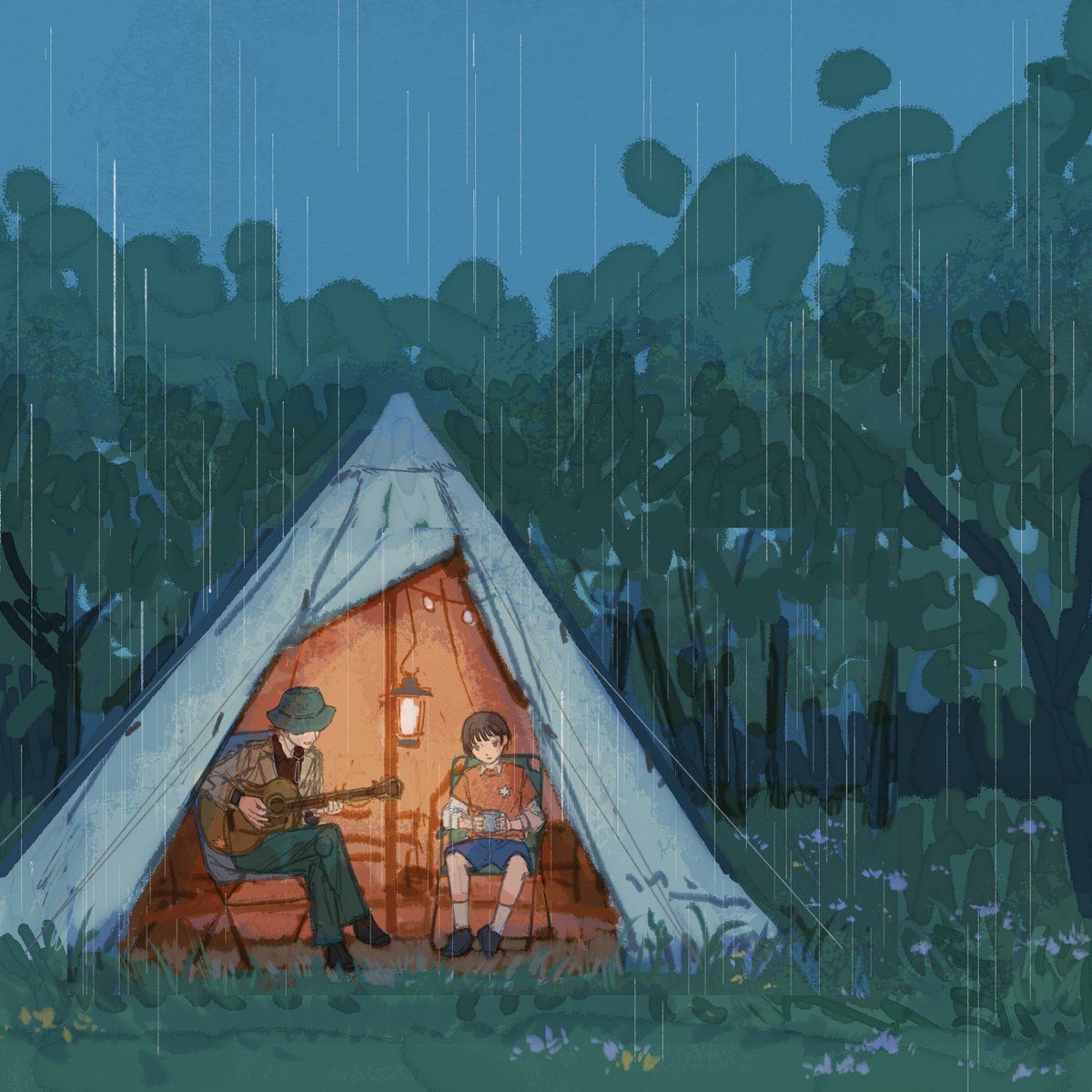 gruru_piyo's tweet photo. 🏕️Only イラストラフ🌧️ 
聞いてくれてありがとうございます！ 
自分だけに話しかけているって感覚を出したい曲でした。 ひさしぶりにキャンプ行きたいなあ  

雨の森の香りすら伝わってきそうな素敵なアニメーションになりました。 
イラスト　いちめ( @ichime124  ) https://t.co/zn4MjnJuUy